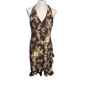 Alyn Page 90s Brown Floral & Paisley Print V Neck Halter Dress Large